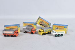 FOUR BOXED MATCHBOX SERIES DIE-CAST MODEL VEHICLES, the first is a Ford Refuse Truck no.7, red