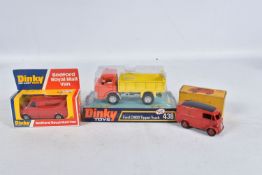 THREE BOXED DINKY TOYS MODEL DIE-CAST VEHICLES, the first a Ford D800 Tipper Truck 438, orange cab