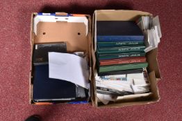 TWO BOXES OF STAMPS IN ALBUMS AND LOOSE IN TINS, we note 1970s & 80s presentation packs and other