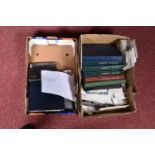 TWO BOXES OF STAMPS IN ALBUMS AND LOOSE IN TINS, we note 1970s & 80s presentation packs and other