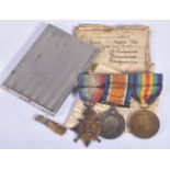 A WWI 1914 MONS STAR TRIO OF MEDALS, associated paperwork and a silver plated cigarette case, the