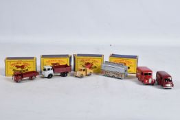 FOUR BOXED AND TWO LOOSE MATCHBOX DIE-CAST VEHICLES, the first a Moko Lesney Bedford Tipper Truck