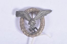 A NAZI GERMANY LUFTWAFFA PILOTS BADGE, this is two part construction with a rounded pin on the