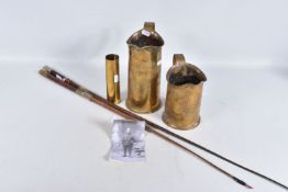 THREE PIECES OF TRENCH ART AND TWO MILITARY RIDING CROPS, the trench art includes two 1917 dated