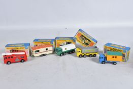 FIVE BOXED MATCHBOX SUPERFAST DIE-CAST MODELS, the first a Leyland Petrol Tanker no.32, green body