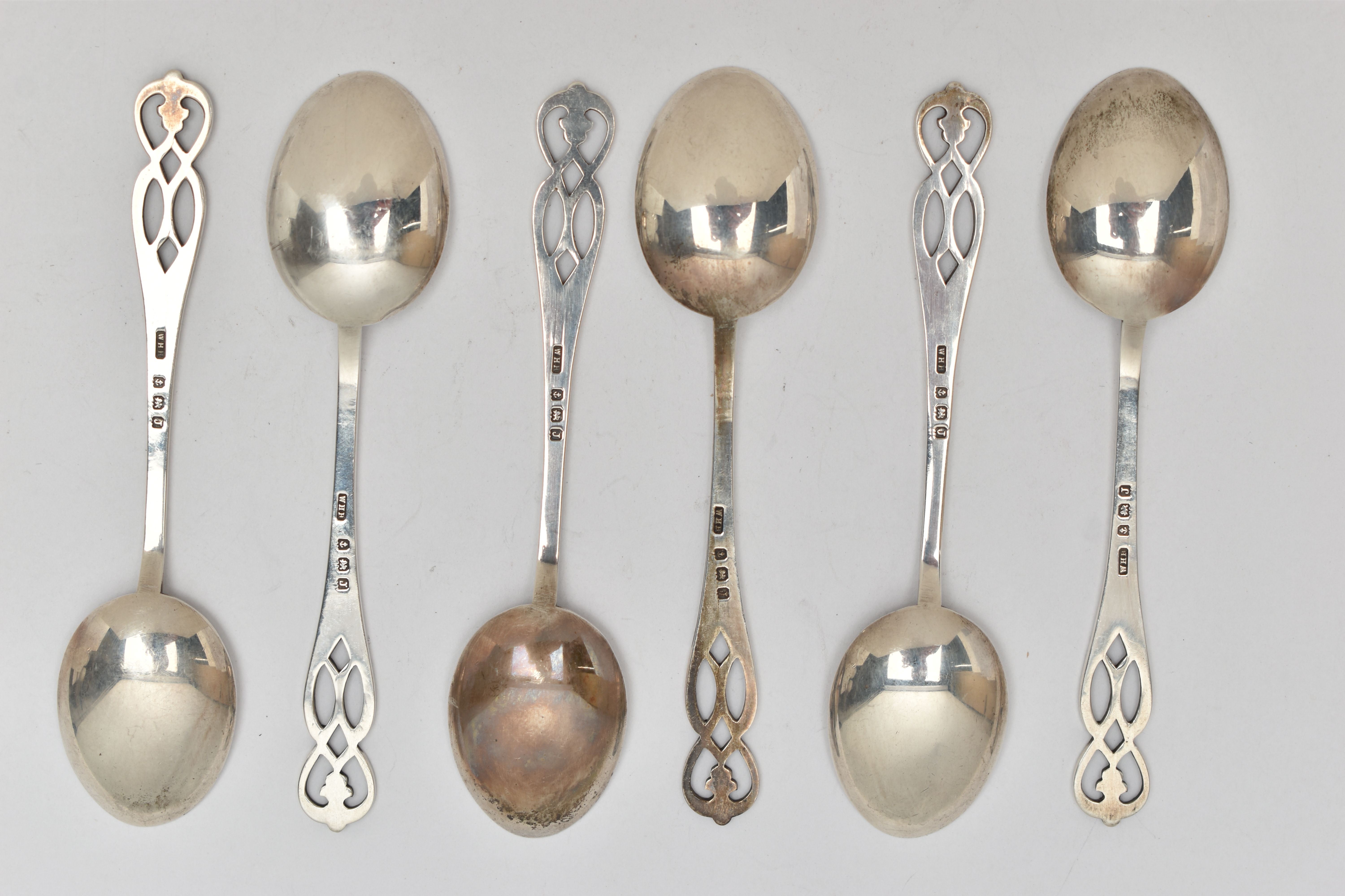 A SET OF SIX SILVER COFFEE SPOONS, six matching spoons with open work detail to the terminations, - Image 2 of 3