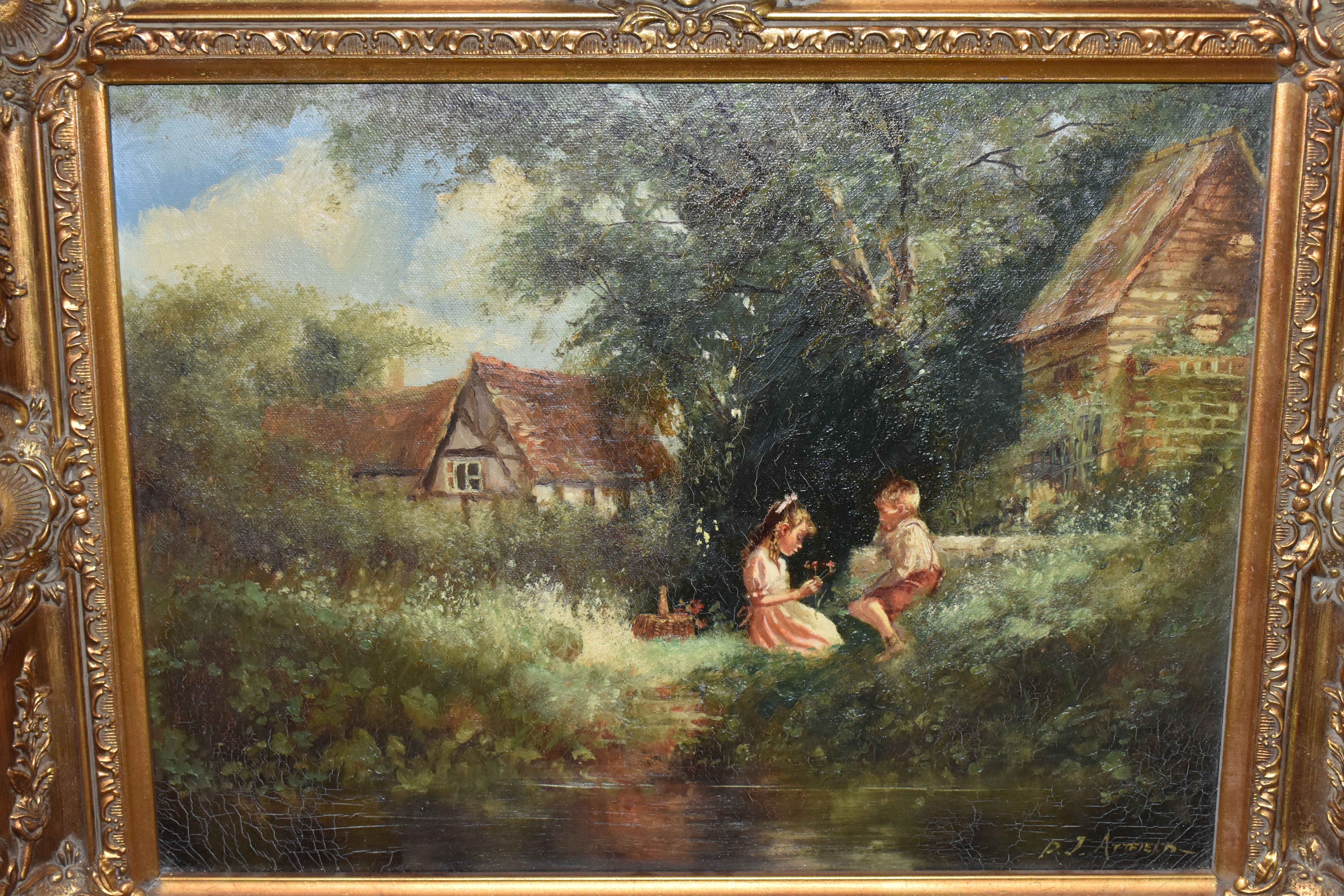 PAUL J ATTFIELD (BRITISH 1950) A YOUNG GIRL AND BOY BESIDE A RIVER, a cottage is surrounded by trees - Image 2 of 5