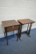 A MAHOGANY DROP LEAF SOFA TABLE, with two drawers, and a mahogany Quartetto nest of three tables (