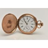 A GOLD PLATED FULL HUNTER 'WALTHAM' POCKET WATCH, manual wind, round white dial signed 'Waltham',