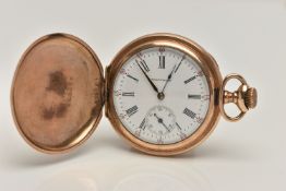 A GOLD PLATED FULL HUNTER 'WALTHAM' POCKET WATCH, manual wind, round white dial signed 'Waltham',