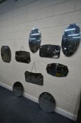 A SELECTION OF FRAMELESS MIRRORS, of various shapes, to include an Art Deco mirror (condition
