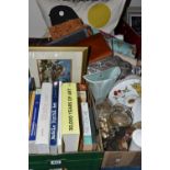 THREE BOXES OF TEXTILES, BOOKS AND CERAMICS, to include an art deco style wall pocket, Royal