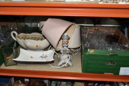 FIVE BOXES OF CERAMICS AND GLASSWARE, to include stainless steel tea ware, decanters, drinking