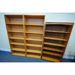 A PAIR OF MODERN BEECH OPEN BOOKCASES, width 80cm x depth 28cm x height 203cm, and a mid-century