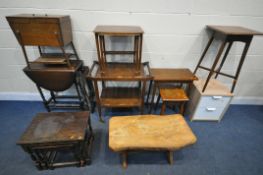 A SELECTION OF OCCASIONAL FURNITURE, to include a barley twist oak gate leg table, tea trolley, nest
