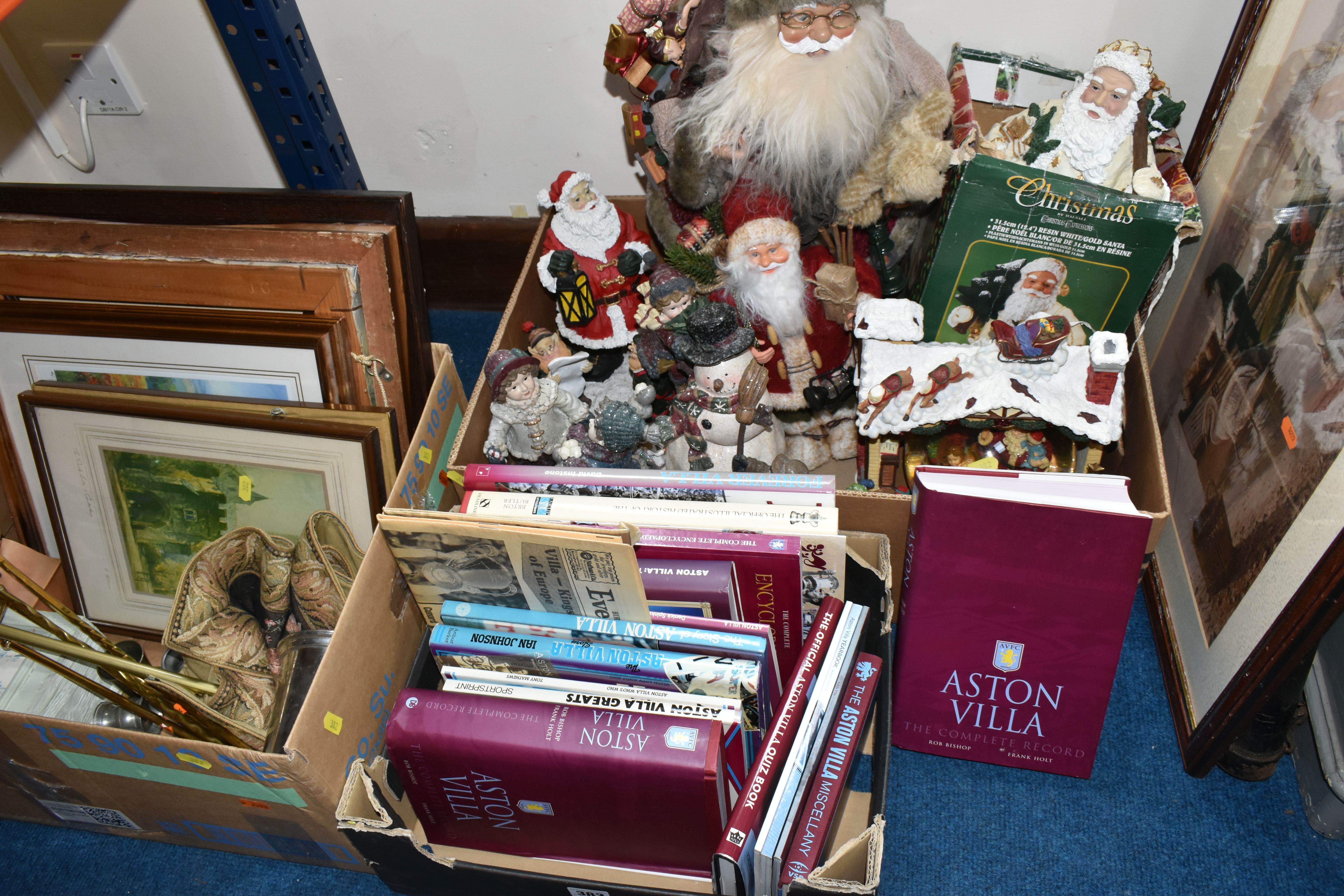 THREE BOXES OF CHRISTMAS DECORATIONS, BOOKS AND FRAMED PRINTS, to include two vintage A.W Chick