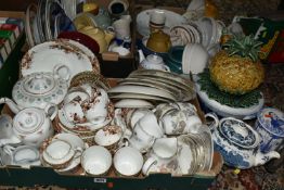 THREE BOXES OF TEAWARE, to include Wedgwood 'Lichfield' pattern tea ware, a blue and white