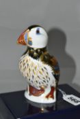 A BOXED ROYAL CROWN DERBY IMARI PUFFIN PAPERWEIGHT, issued 1996, gold button stopper, height 11.