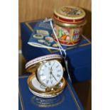 TWO BOXED HALCYON DAYS ENAMEL BOXES, one fitted with a musical movement and shaped as a drum,