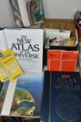 A BOX OF MAPS AND FOUR ATLAS BOOKS, ETC, the box of Ordnance Survey and other folded maps of regions