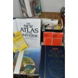 A BOX OF MAPS AND FOUR ATLAS BOOKS, ETC, the box of Ordnance Survey and other folded maps of regions