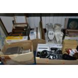 FOUR BOXES AND LOOSE ASSORTED HOUSEHOLD SUNDRIES, BOOKS, PRINTS, ETC, including a boxed Kodak