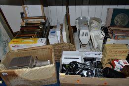 FOUR BOXES AND LOOSE ASSORTED HOUSEHOLD SUNDRIES, BOOKS, PRINTS, ETC, including a boxed Kodak