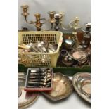 A BOX OF ASSORTED WHITE METAL, to include two candelabras, three candle sticks, trays, condiment