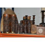A COLLECTION OF TREEN, comprising a large carved oak hinged sewing/writing box, the lid is decorated
