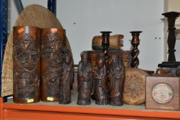 A COLLECTION OF TREEN, comprising a large carved oak hinged sewing/writing box, the lid is decorated