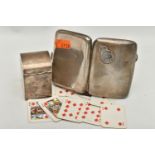AN EARLY 20TH CENTURY SILVER MINIATURE PLAYING CARD CASE AND CIGARETTE CASE, the playing card case