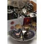 A BOX OF ASSORTED WHITE METAL WARE, to include two trays, cups, a silver plate basket tray, teapots,