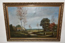 C. MOODY (CONTEMPORARY) AN EXSTENSIVE LANDSCAPE WITH COTTAGE AND TREES, signed bottom left, oil on