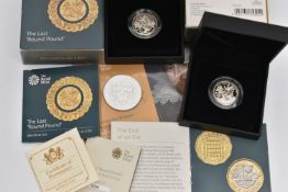 THREE COINS, to include two boxed 'The Last Round Pound', 2016 Uk Silver Proof Piedfort £1 coin, a