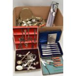 A BOX OF ASSORTED CUTLERY, to include a cased set of six EPNS butter knives, a cased set of six AF