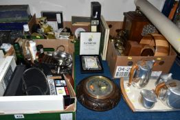 THREE BOXES OF TREEN AND MISCELLANEOUS SUNDRIES, to include a Picquot Ware stainless steel teapot,