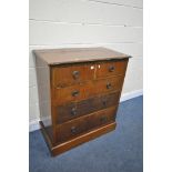 A WALNUT CHEST OF TWO SHORT AND THREE LONG DRAWERS, on a plinth base, width 92cm x depth 50cm x