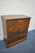 A WALNUT CHEST OF TWO SHORT AND THREE LONG DRAWERS, on a plinth base, width 92cm x depth 50cm x