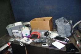 TWO TRAYS CONTAINING UNTESTED HOUSEHOLD ELECTRONICS including two Amazon tablets with cracked