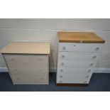 A TALL WHITE FINISH CHEST OF SIX DRAWERS, width 67cm x depth 44cm x height 104cm, and beech chest of