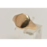 A 9CT GOLD SIGNET RING, polished hexagonal signet, misshapen shank, hallmarked 9ct Birmingham,