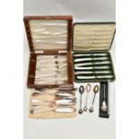 A CASED SET OF SILVER BUTTER KNIVES, THREE SILVER TEASPOONS AND SOME SILVER PLATED CUTLERY, to