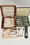 A CASED SET OF SILVER BUTTER KNIVES, THREE SILVER TEASPOONS AND SOME SILVER PLATED CUTLERY, to
