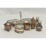 AN ASSORTMENT OF SILVER AND WHITE METAL ITEMS, to include a silver double bonbon/nut dish with