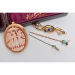 A 9CT GOLD CAMEO BROOCH, YELLOW METAL BROOCH AND STICK PIN, a shell cameo depicting the three