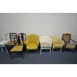 A SELECTION OF CHAIRS, to include a bergère back open armchair, two Lloyd loom basket chairs, a