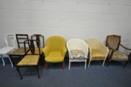 A SELECTION OF CHAIRS, to include a bergère back open armchair, two Lloyd loom basket chairs, a