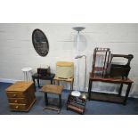 A SELECTION OF OCCASIONAL FURNITURE, to include a pine three drawer bedside chest, a mahogany side