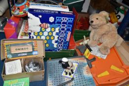 SEVEN BOXES OF ASSORTED BOARD GAMES, TOYS AND SOFT TOYS, boxed games include Blockbusters, Mouse