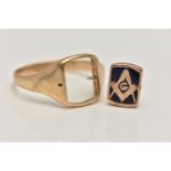 A MASONIC SWIVEL SIGNET RING, an AF yellow gold signet ring with a central swivel panel, blue enamel